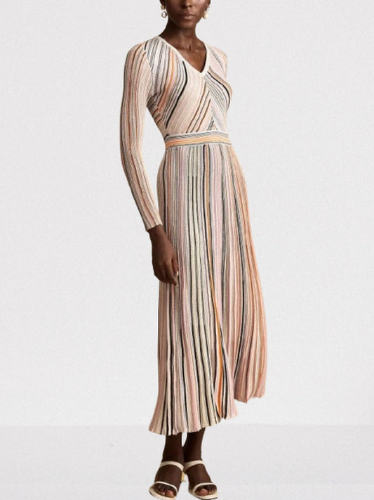 Stripe Knit V-Neck Midi Dress in Light Multicolor - Dresses