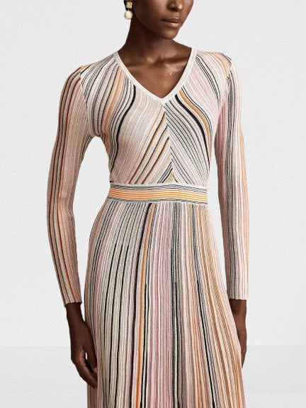 Stripe Knit V-Neck Midi Dress in Light Multicolor - Dresses