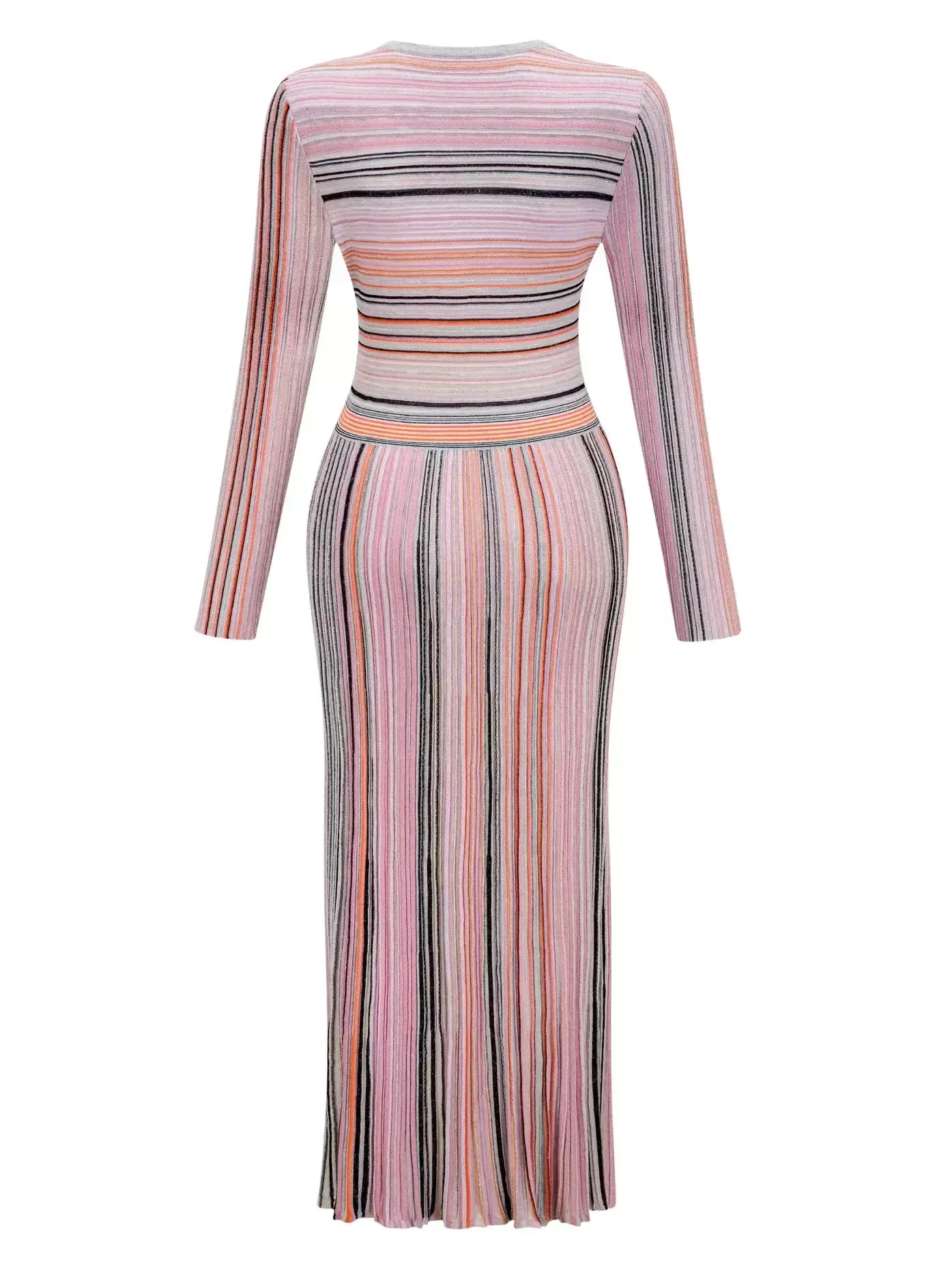 Stripe Knit V-Neck Midi Dress in Light Multicolor - Dresses