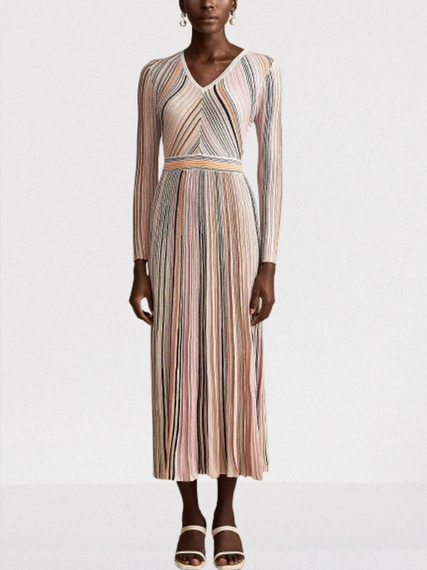 Stripe Knit V-Neck Midi Dress in Light Multicolor - Dresses