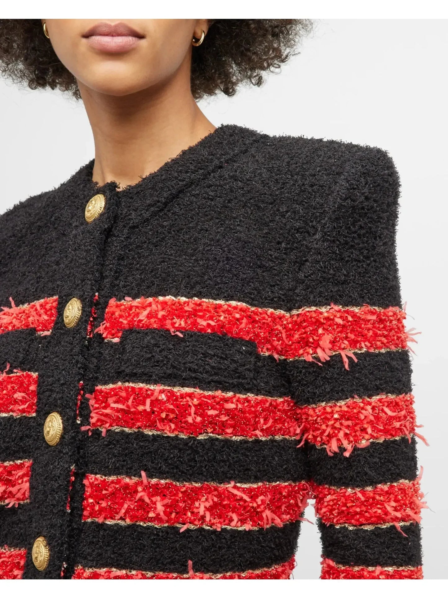Stripe Tweed Cardigan Jacket in Black and Red - Jackets