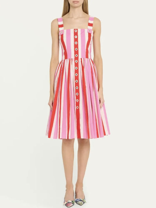 Striped Cotton Poplin A-Line Sleeveless Dress - Dresses