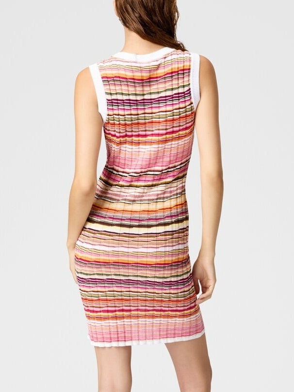 Striped Ribbed Knit Mini Tank Dress in White and Multi - Dresses