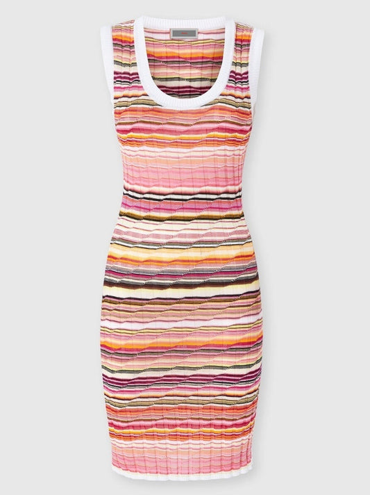 Striped Ribbed Knit Mini Tank Dress in White and Multi - Dresses
