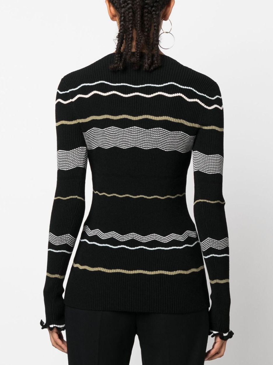 Black striped ribbed knit stretch sweater highlighting comfortable and stylish design