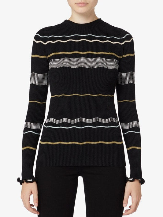 Black Striped Ribbed Knit Stretch Sweater featuring wavy stripes design