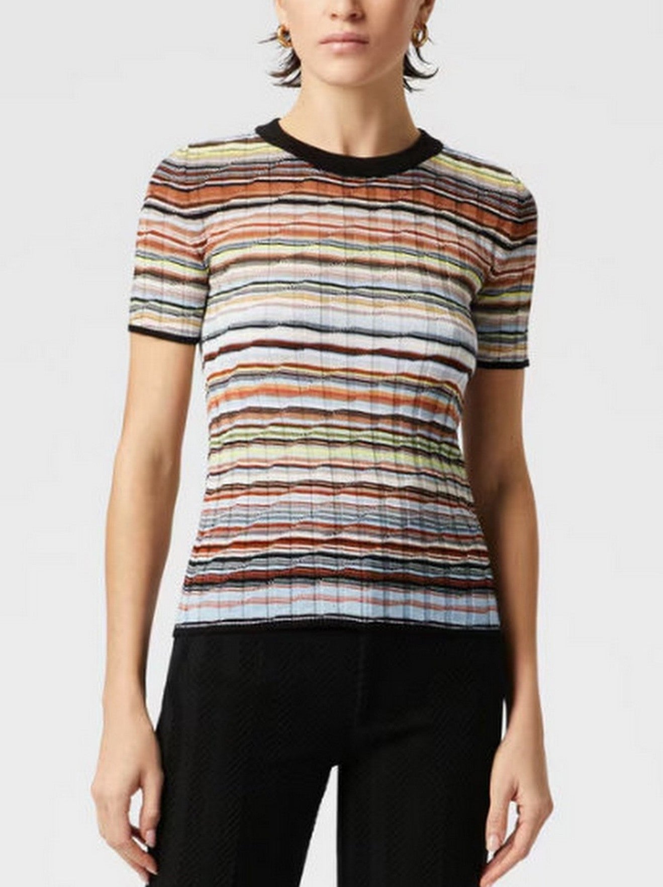 Striped Ribbed Knit T-Shirt in Black and Multi - Tops