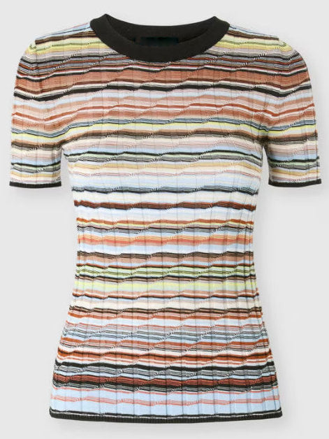 Striped Ribbed Knit T-Shirt in Black and Multi - Tops