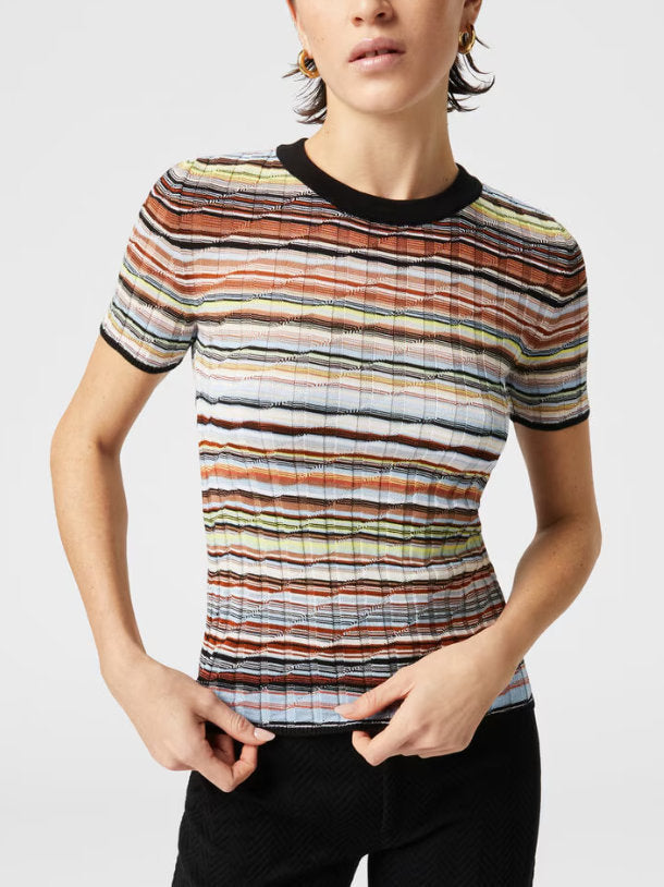 Striped Ribbed Knit T-Shirt in Black and Multi - Tops