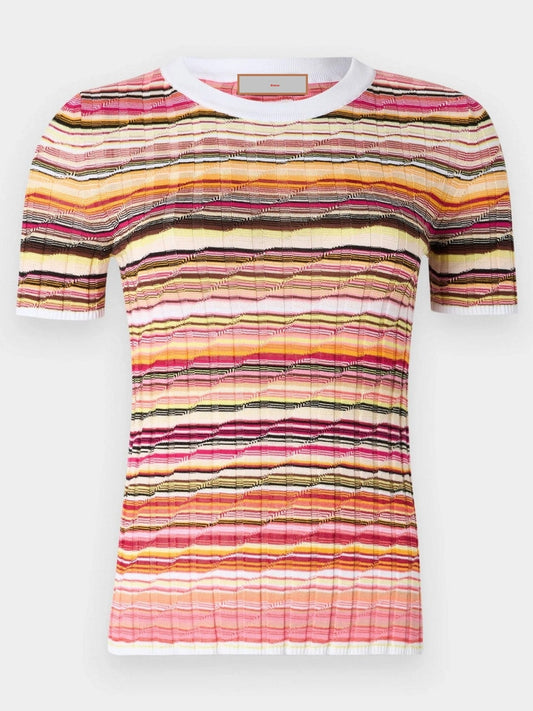 Striped Ribbed Knit T-Shirt in White and Multi - Tops