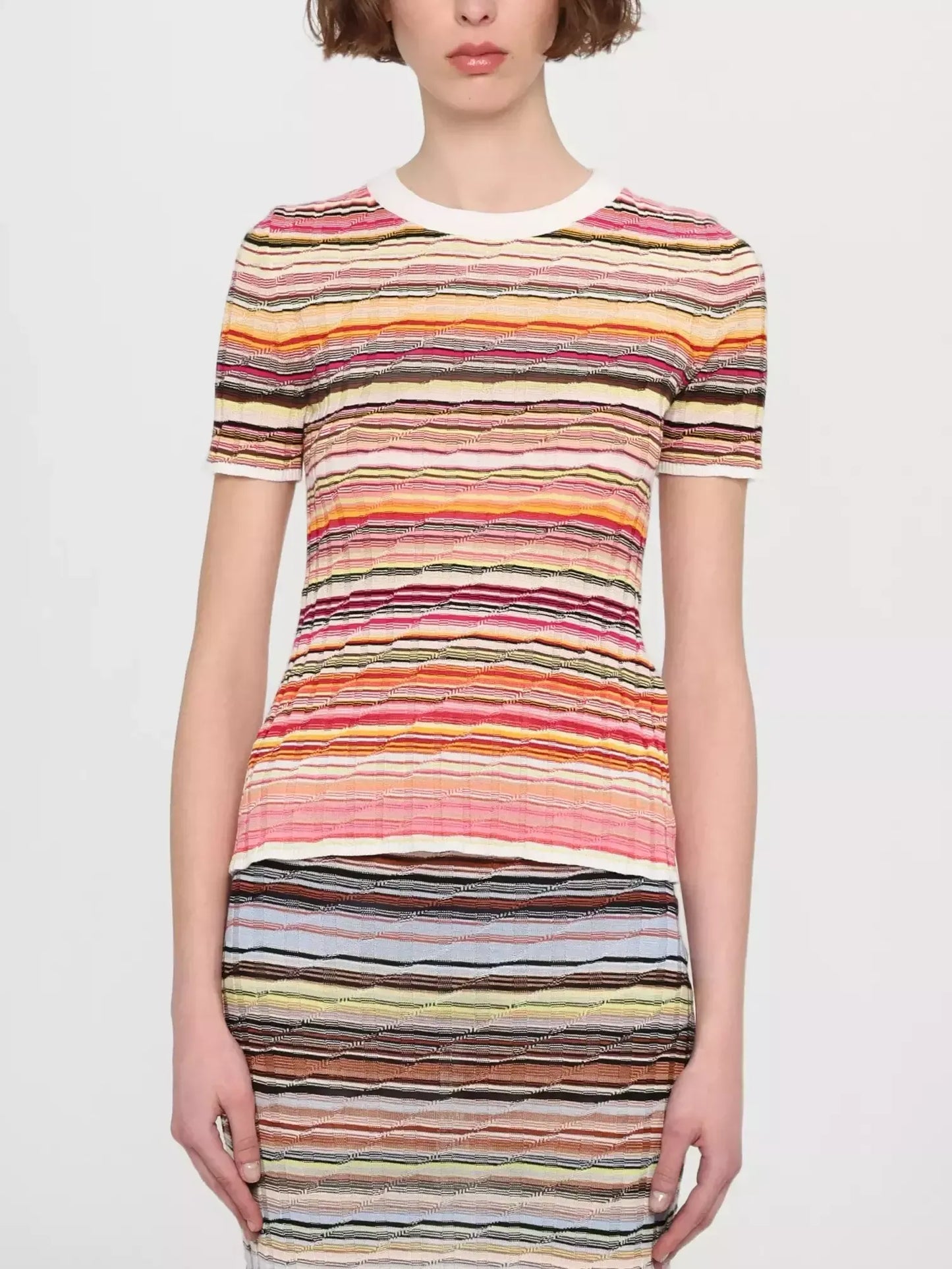 Striped Ribbed Knit T-Shirt in White and Multi - S - Tops