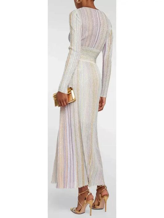 Striped Sequined Lamé Knit V-Neck Dress - Dresses