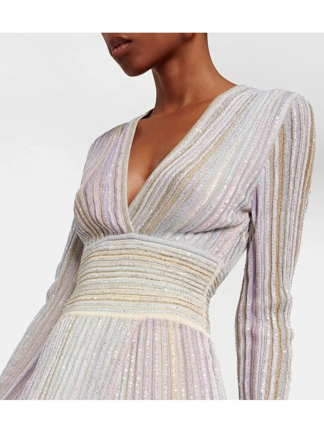 Striped Sequined Lamé Knit V-Neck Dress - Dresses