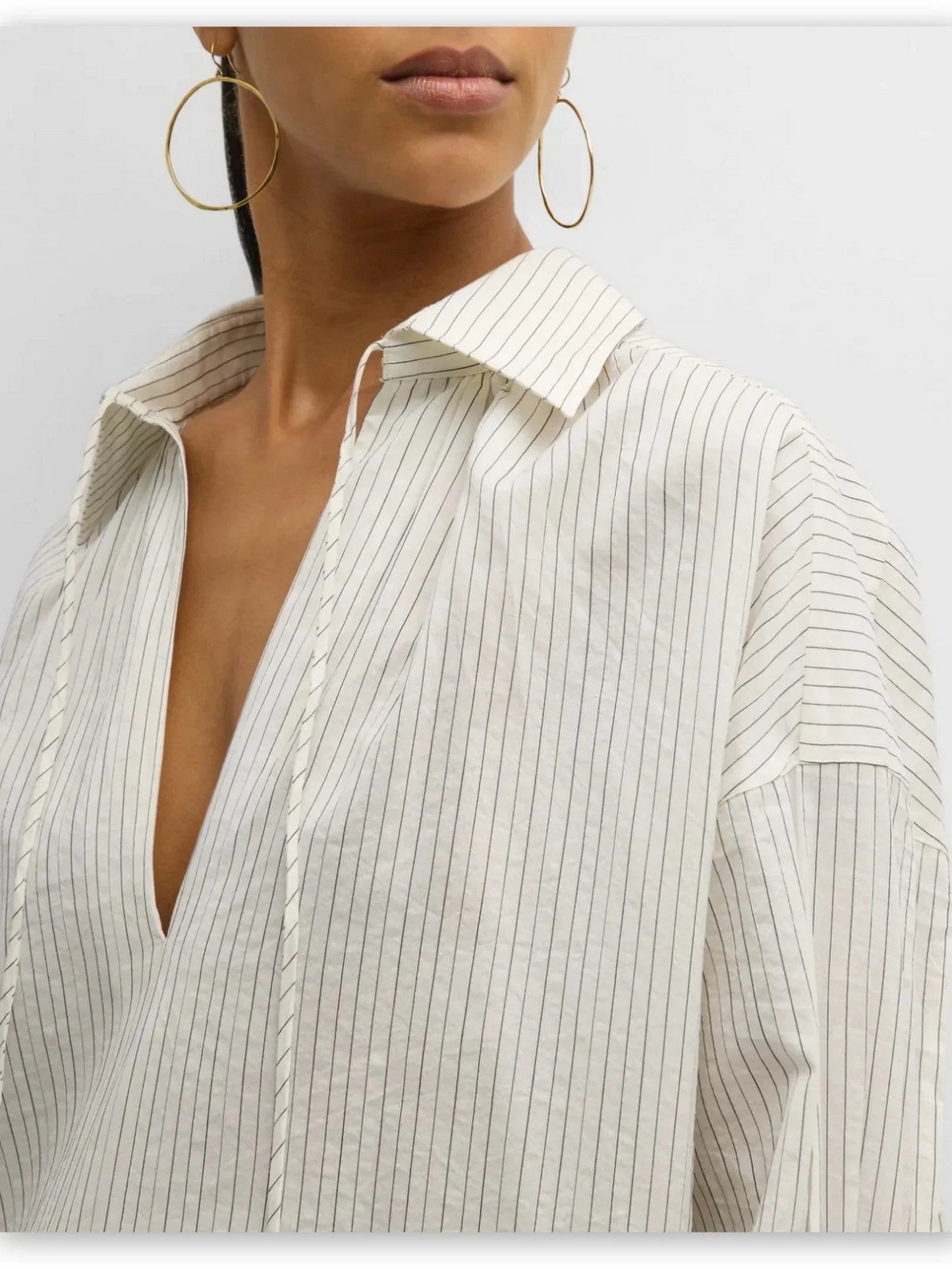 Striped Tie-V-Neck Cotton Tunic Blouse - Tops