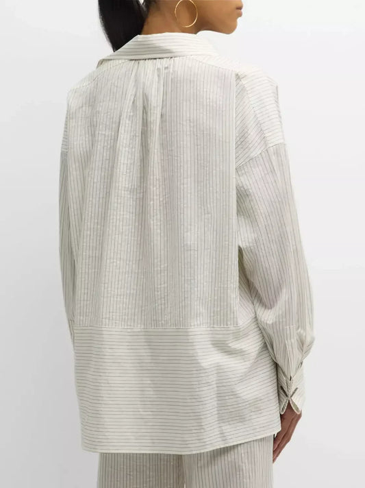 Striped Tie-V-Neck Cotton Tunic Blouse - Tops