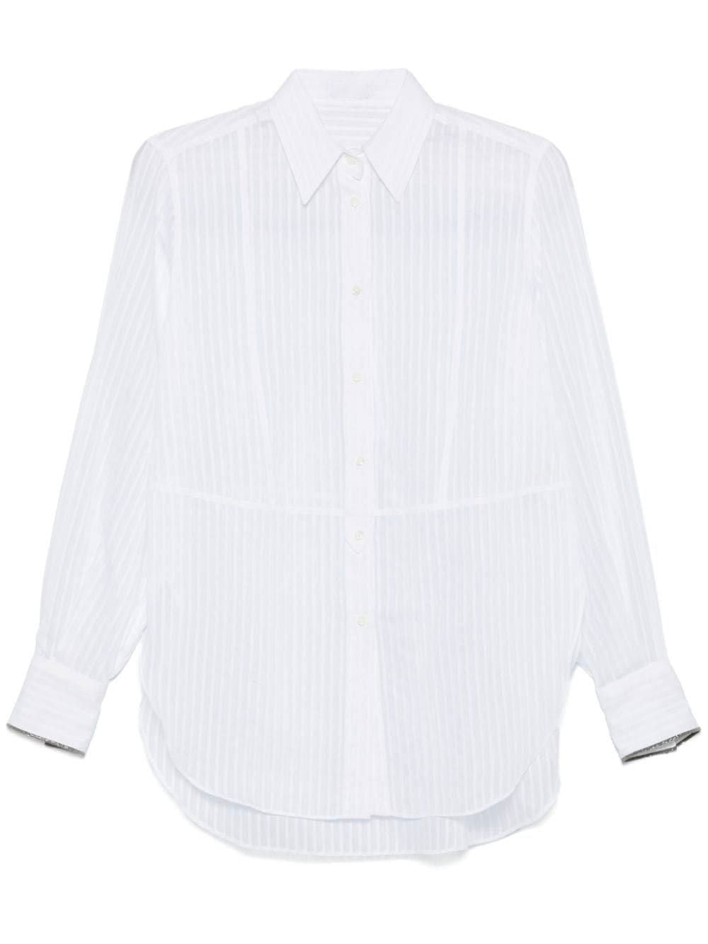 Striped White Paneled Shirt with Beaded Chain Cuff Trim - Tops