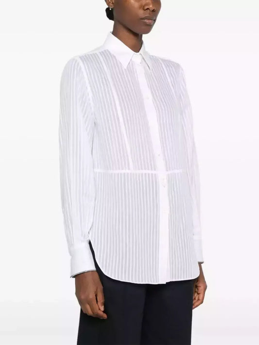 Striped White Paneled Shirt with Beaded Chain Cuff Trim - Tops