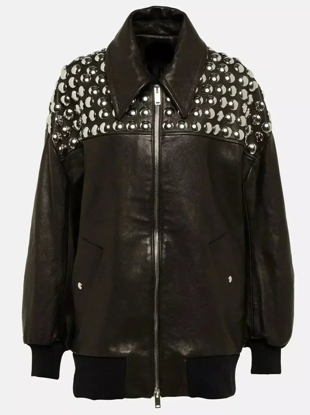 Studded Black Leather Bomber Jacket - Jackets