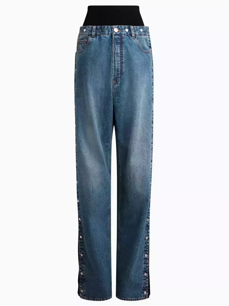 Wide-leg jeans with buttoned side stripes in studded jersey-trimmed high-rise style