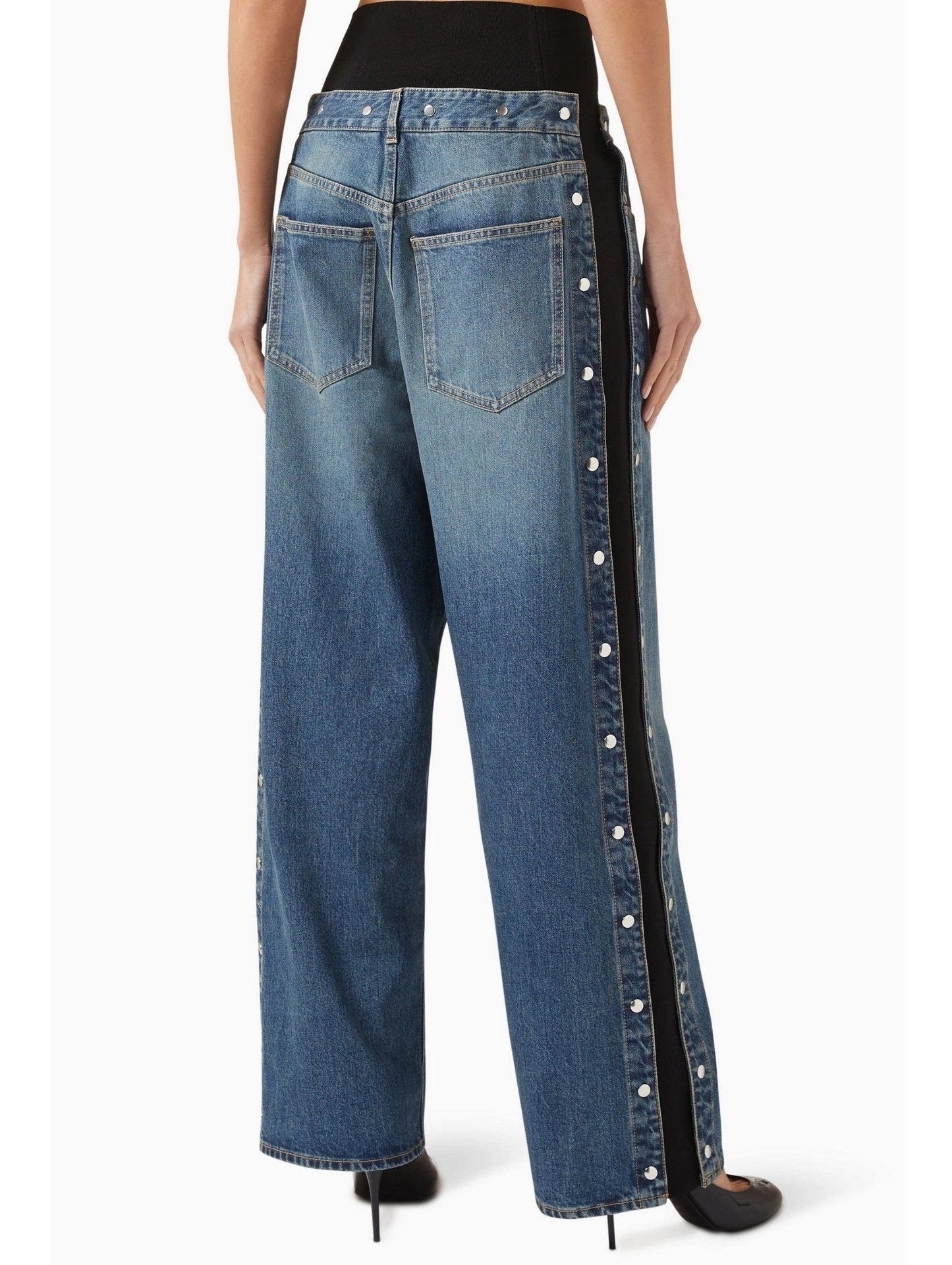 Wide-leg denim pants with buttoned side stripes, part of Studded Jersey-Trimmed High-Rise collection