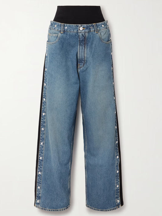 Blue denim studded jersey-trimmed high-rise wide-leg jeans with black side stripes