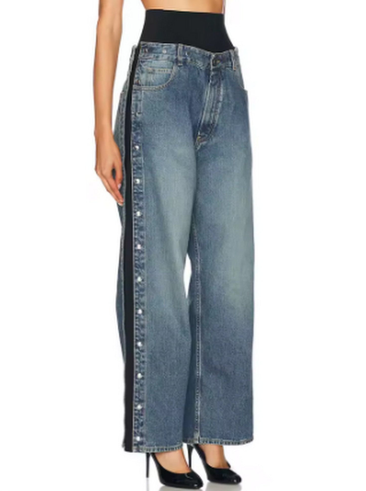 Wide-leg jeans with buttoned side stripes in studded jersey-trimmed high-rise style