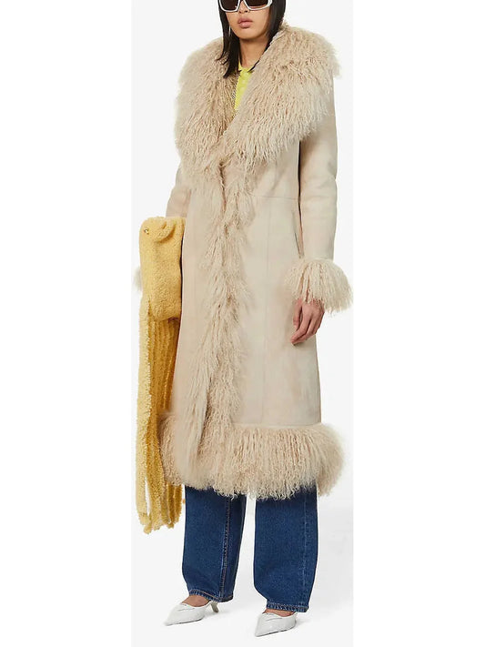 Suede and Lambswool Long Coat Beige - Coats