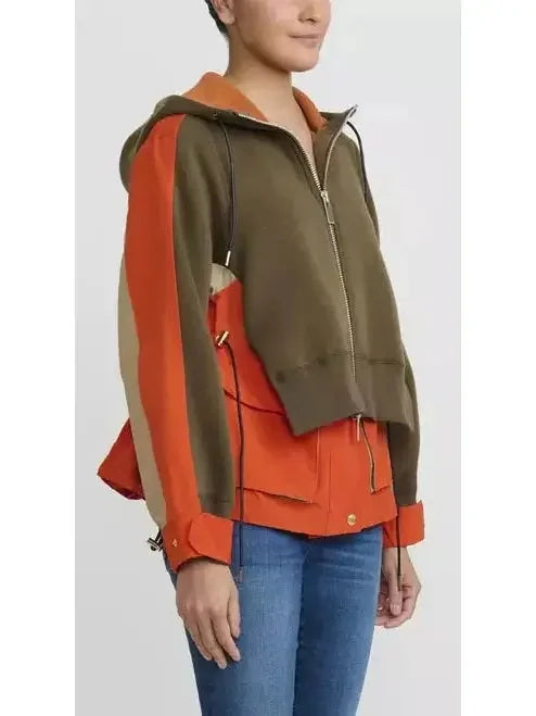 Sweatshirt & Grosgrain Hoodie in Khaki and Orange - Tops