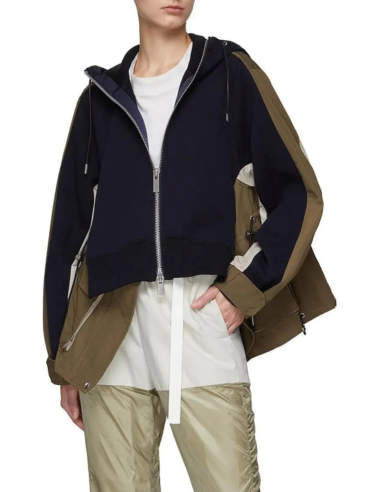 Sweatshirt & Grosgrain Hoodie in Navy and Khaki - Tops