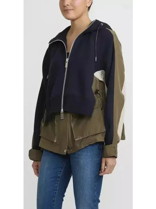 Sweatshirt & Grosgrain Hoodie in Navy and Khaki - Tops