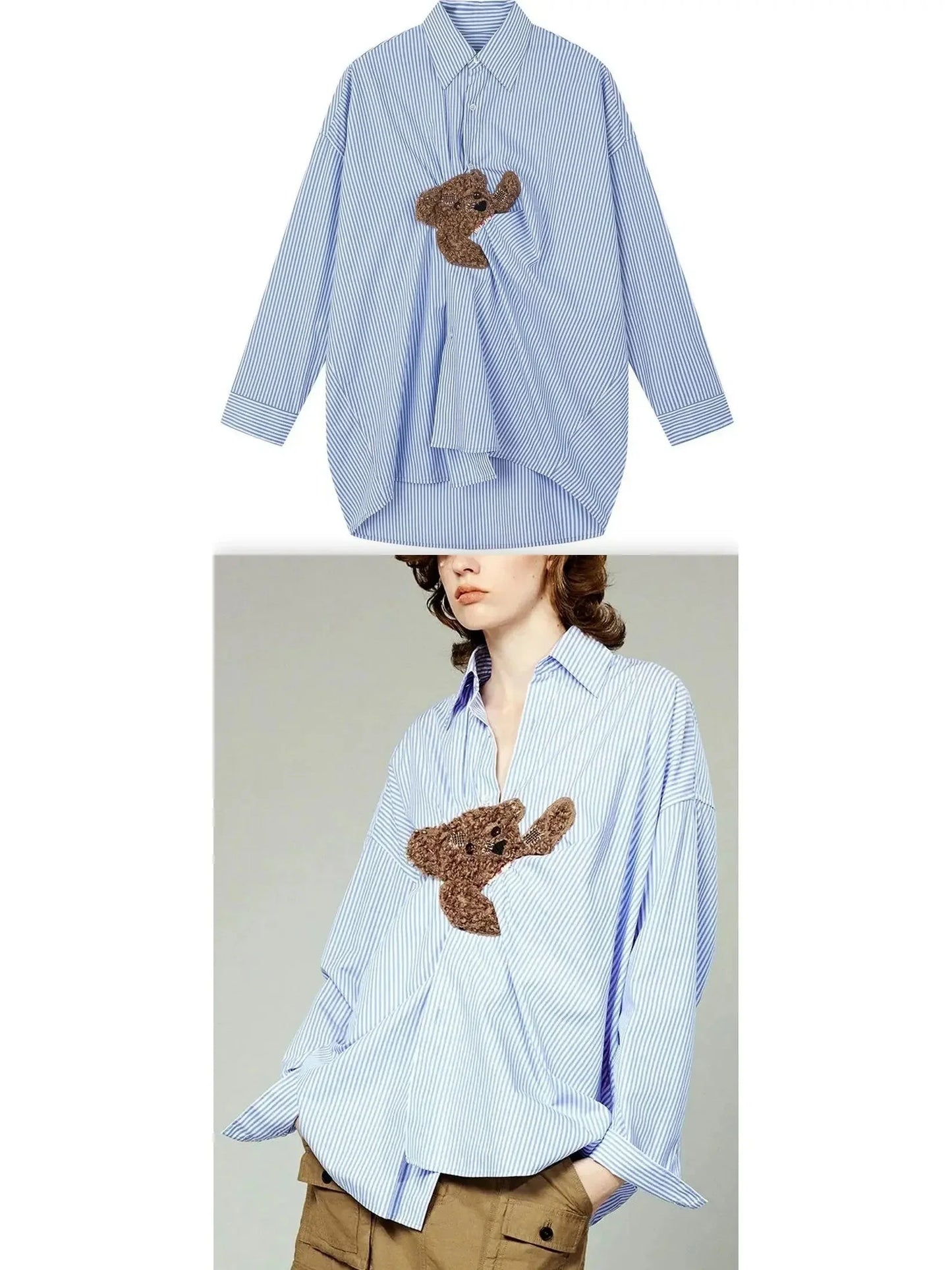 Teddy Bear Embroidered Stripe Shirt - Tops