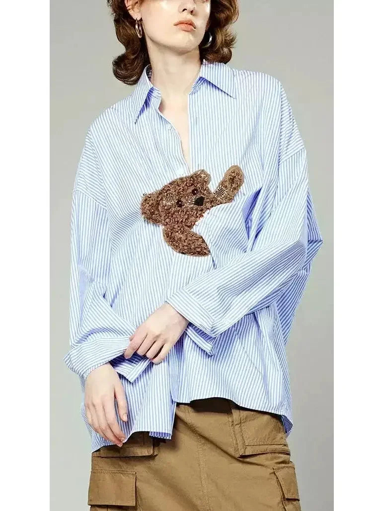 Teddy Bear Embroidered Stripe Shirt - Tops