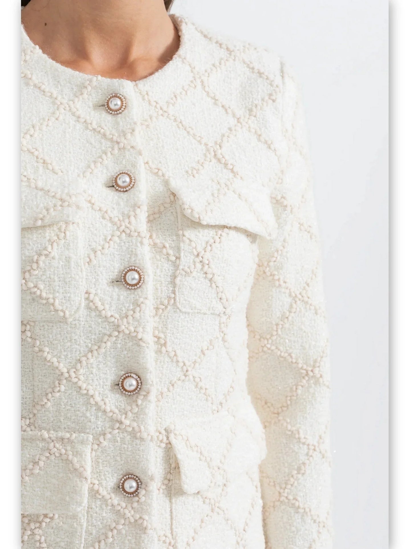 Stylish Textured Tweed Jacket and Matching Short Set in White for a chic look