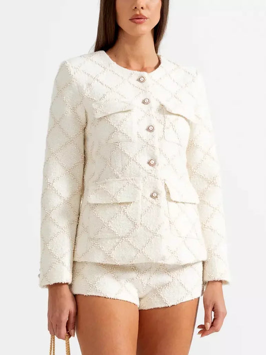White Textured Tweed Jacket and Matching Short Set displayed on a model
