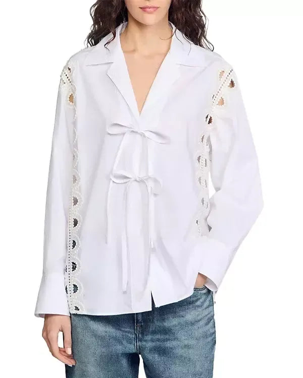 Tie-Front Cut-Out White Shirt - Small - Tops