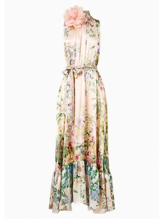 Tie-Neck Maxi Dress with Floral Applique - Dresses