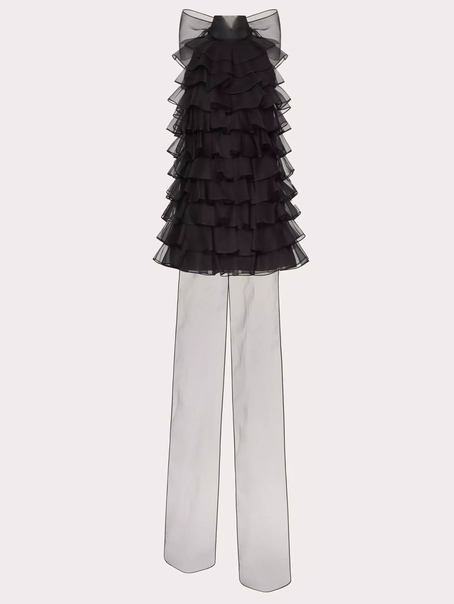 Black Tie-Neck Tiered Organza Ruffle Mini Dress showcasing elegant organza ruffles