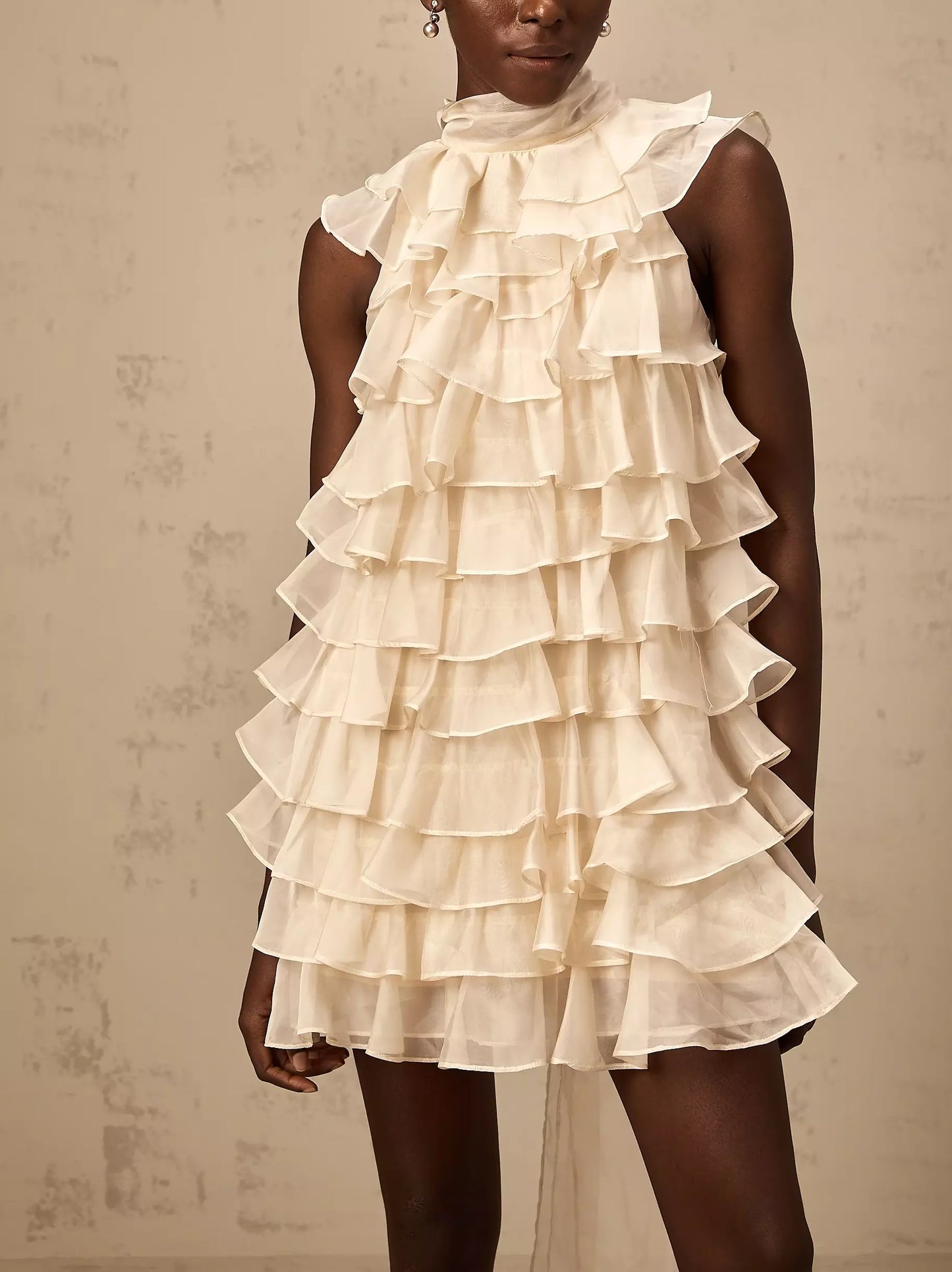 Ivory Tie-Neck Tiered Organza Ruffle Mini Dress with Bow in Light Beige