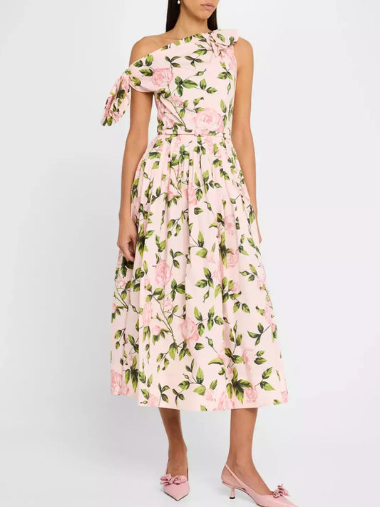 Floral one-shoulder cotton dress by Branna Couture in luxury women’s apparel style