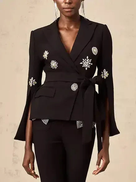Tie-Waist Black Embellished Blazer - Jackets