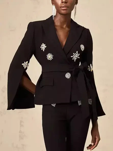Tie-Waist Black Embellished Blazer - Jackets
