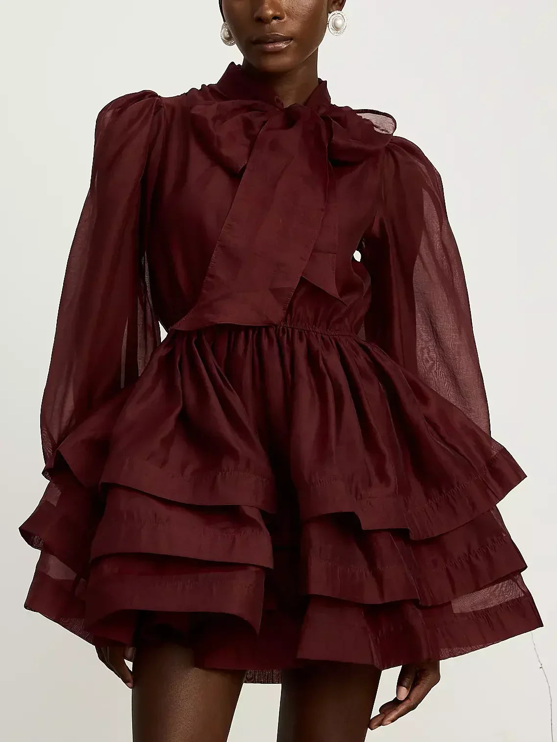 Burgundy Flared Mini Dress with Neck Tie and Tiers Burgundy Flared Mini Dress with Neck Tie and Tiers