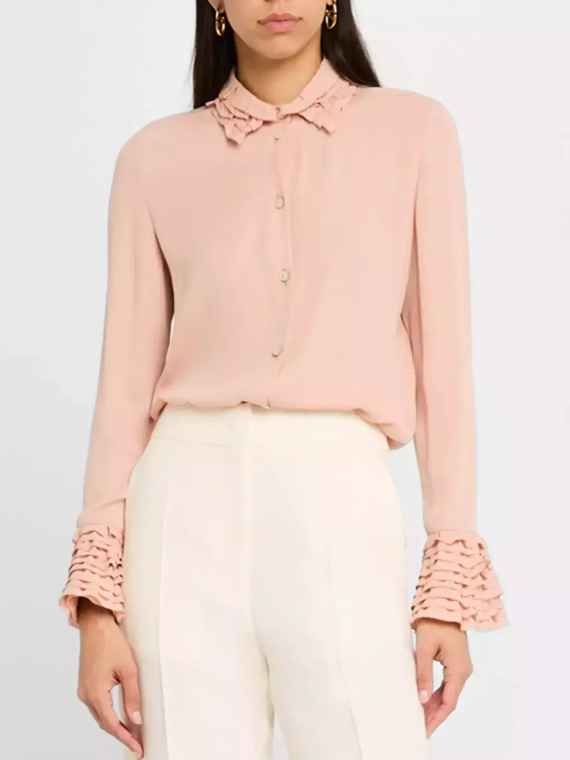 Tiered Ruffle Trim Button Down Silk Blouse - Tops