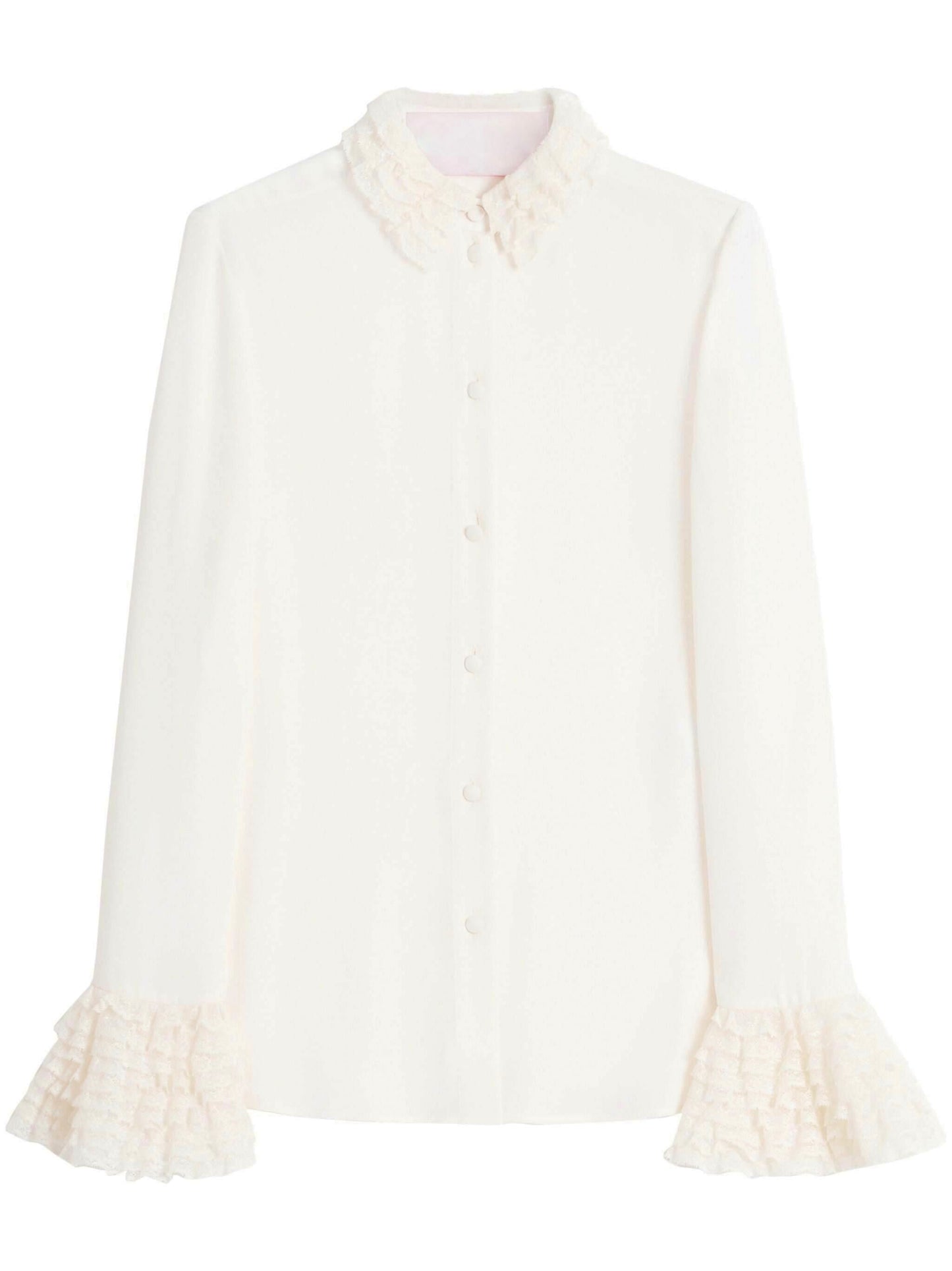 Tiered Ruffle Trim Button Down Silk Blouse - Tops