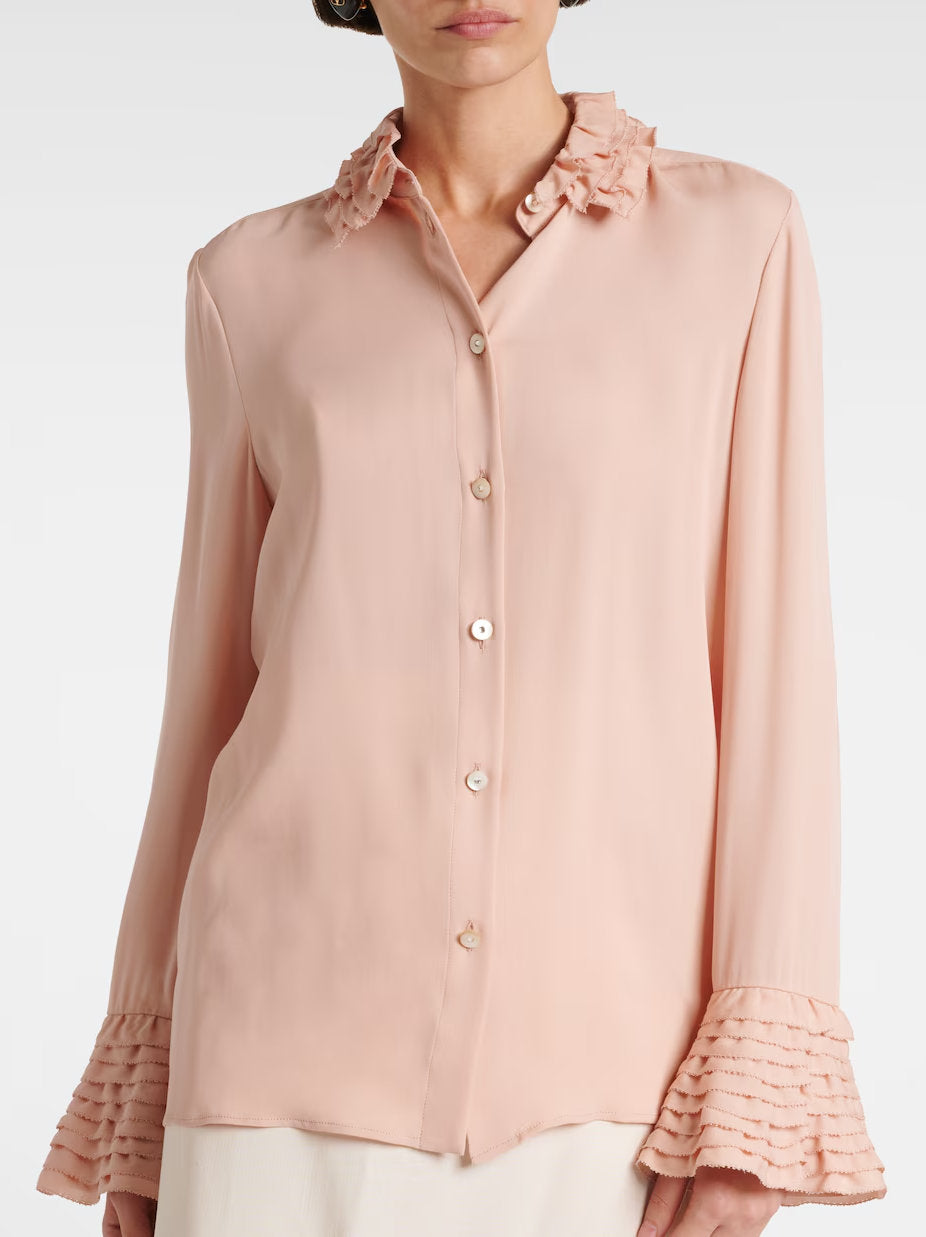 Tiered Ruffle Trim Button Down Silk Blouse - Tops