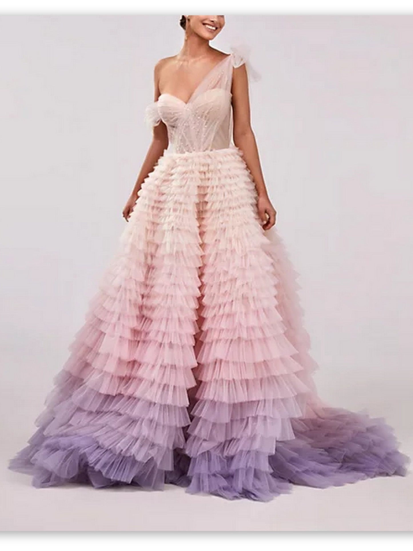 Elegant Tiered Tulle Ombre Corset Gown with ruffled tulle detailing and gradient colors