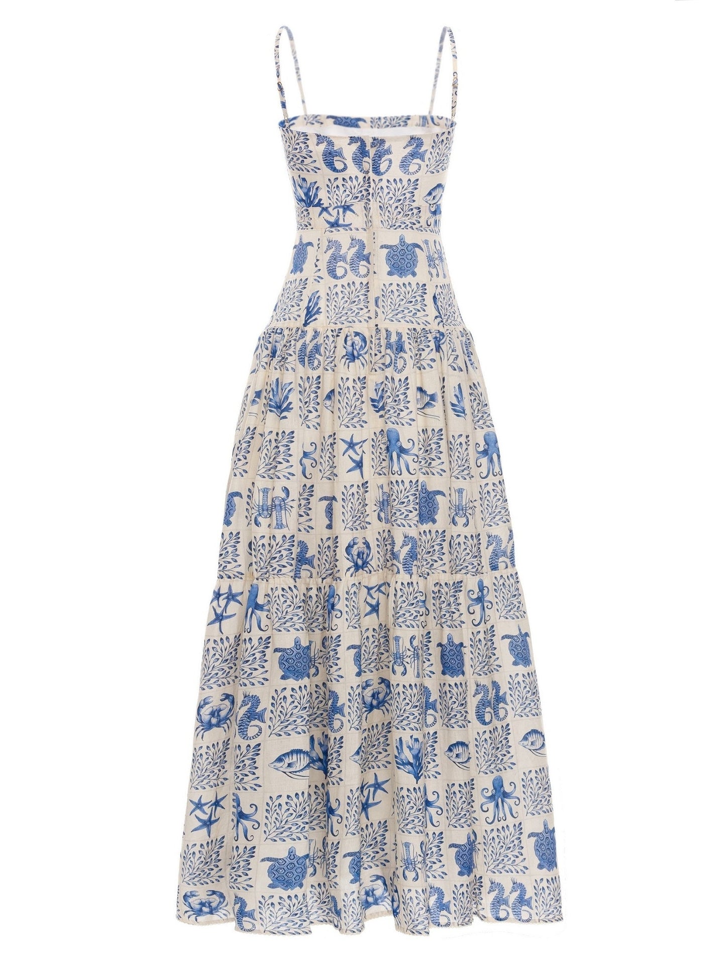Blue and white tiled motif inspired print linen maxi dress showcasing a vibrant pattern