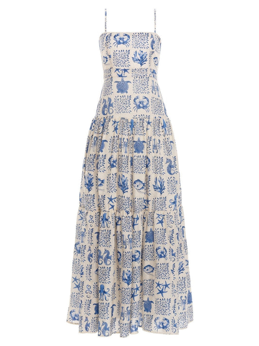 White tiered sundress with blue sea creature print from Tiled Motif Inspired Print Linen Maxi