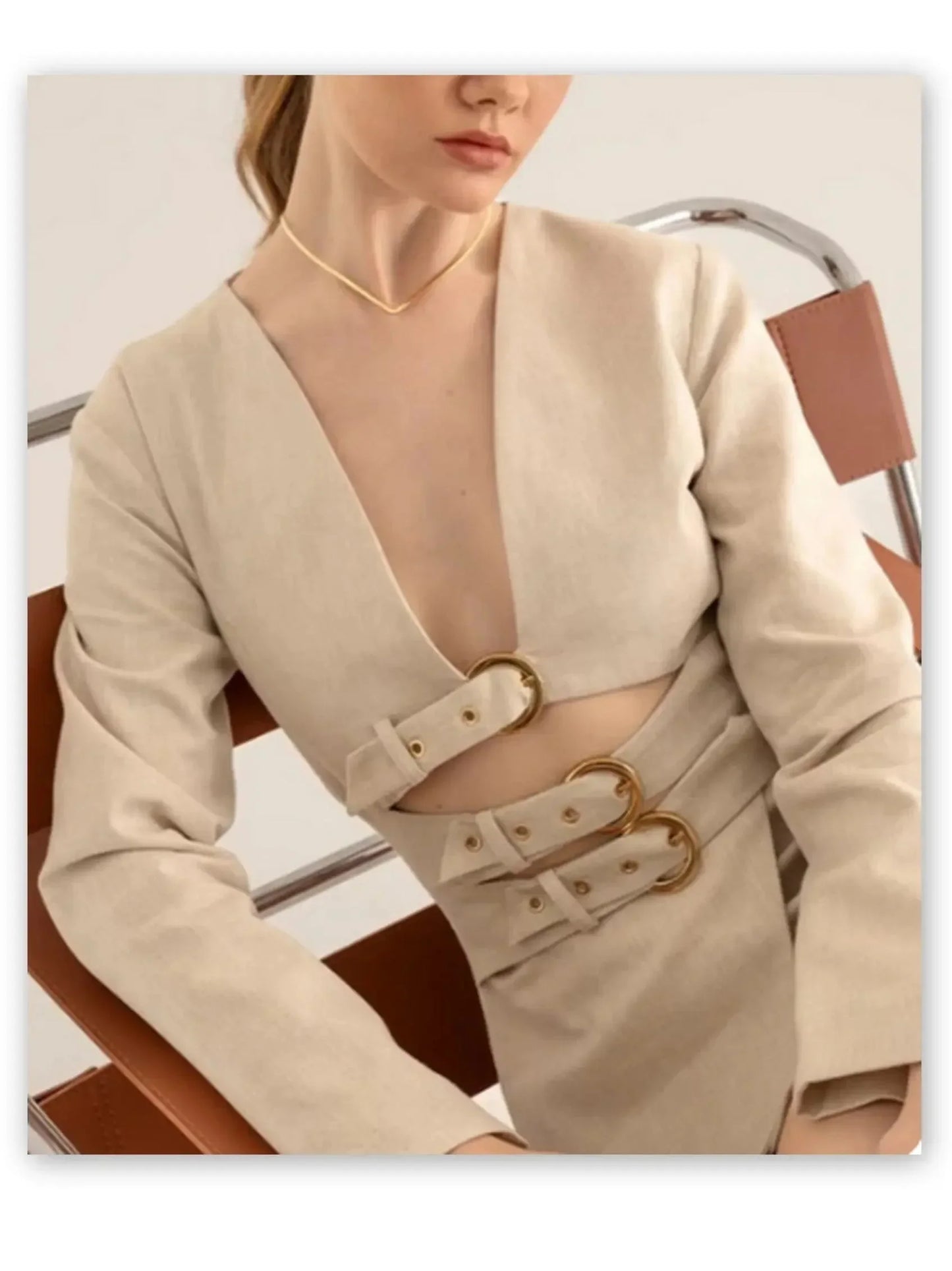 Triple-Buckled Cropped Jacket and Tie-Wrap Mini Skirt Set - Suits & Sets