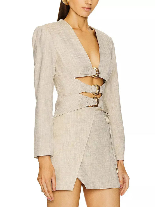 Triple-Buckled Cropped Jacket and Tie-Wrap Mini Skirt Set - Suits & Sets